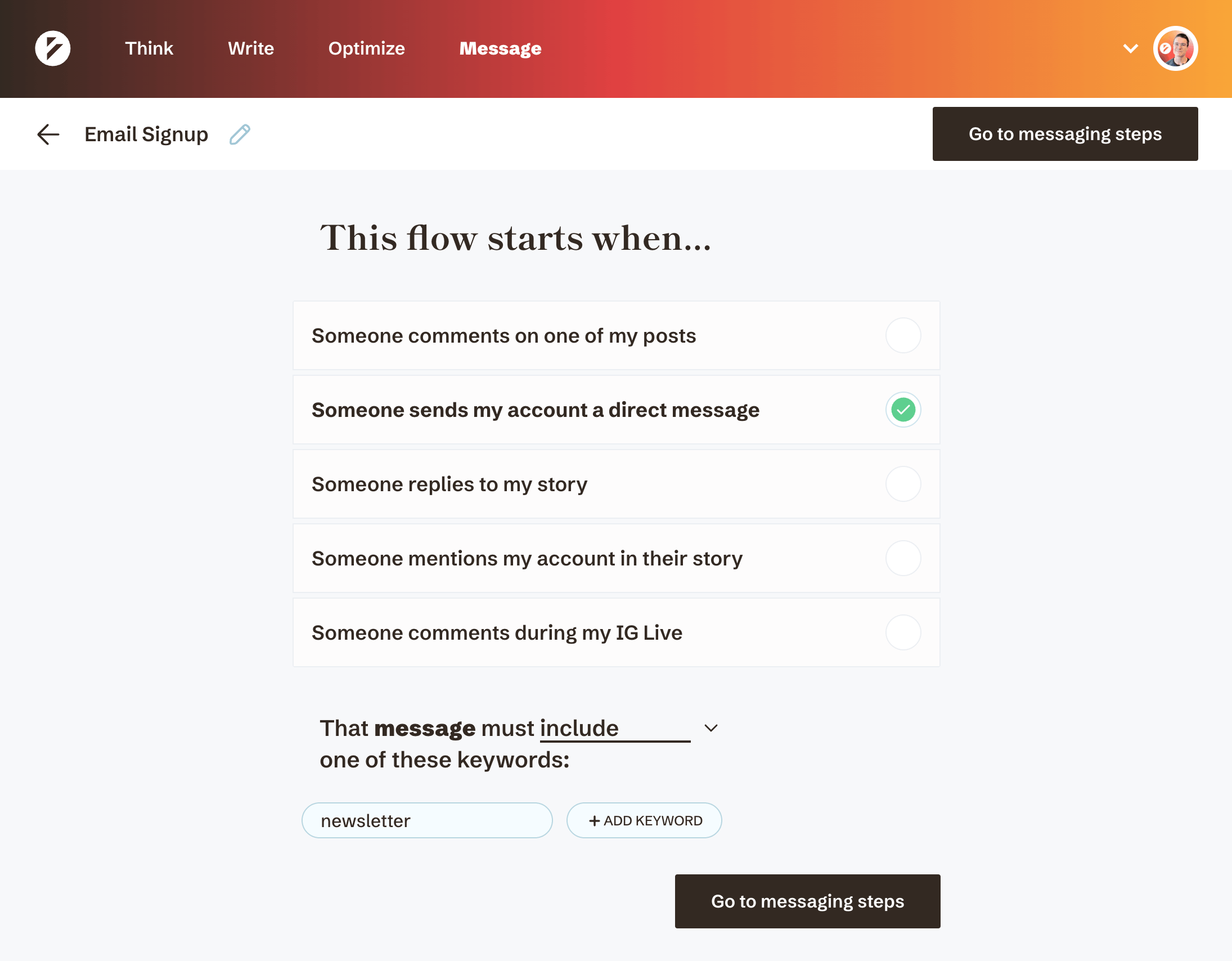 Triggering a DM automation flow when someone sends your Instagram account a direct message with Slay.so