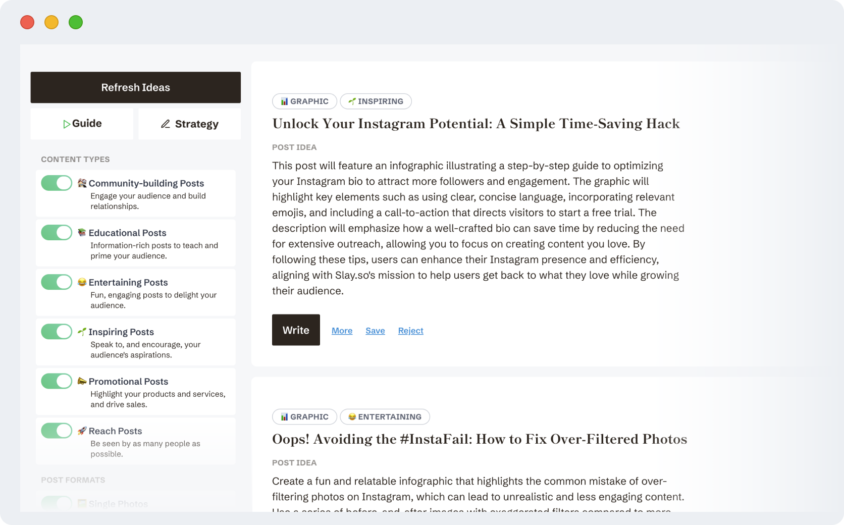 Slay.so AI tools learn about your business and make brainstorming content easy.